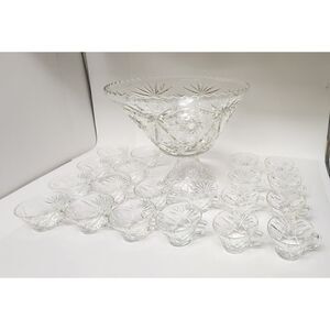 ANCHOR HOCKING Clear Prescut 1960s Star Of David Patterned Punch Bowl Set 22